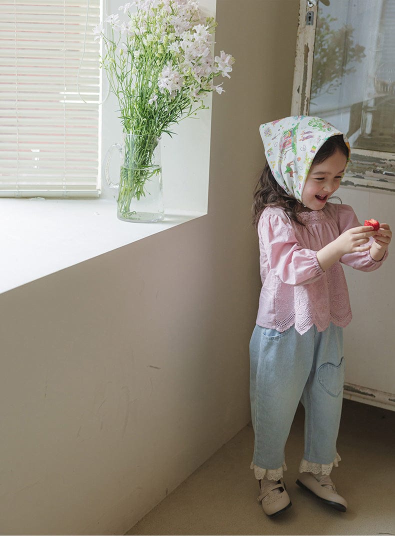 デニムパンツ ハート刺繍レース裾ワイドデニムパンツ【mh0010822】