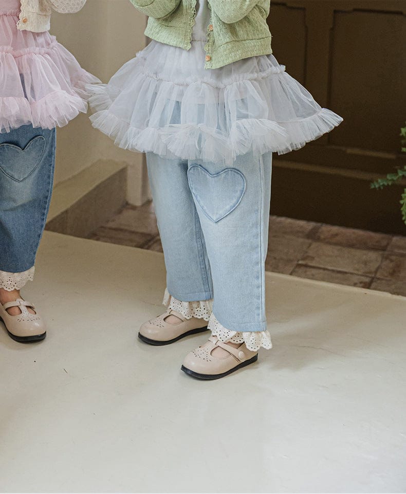 デニムパンツ ハート刺繍レース裾ワイドデニムパンツ【mh0010822】