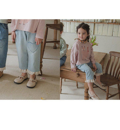 デニムパンツ ハート刺繍レース裾ワイドデニムパンツ【mh0010822】