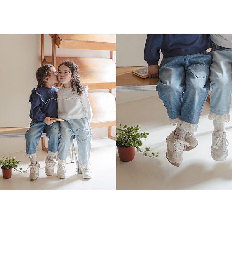 デニムパンツ ハート刺繍レース裾ワイドデニムパンツ【mh0010822】