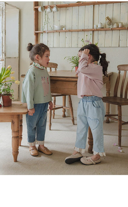 デニムパンツ ハート刺繍レース裾ワイドデニムパンツ【mh0010822】