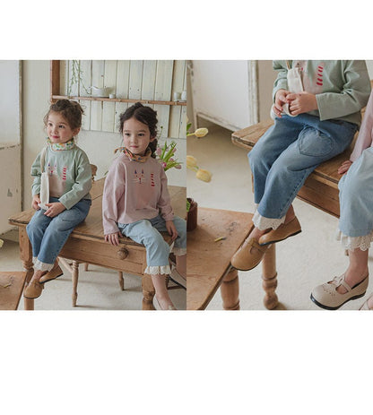 デニムパンツ ハート刺繍レース裾ワイドデニムパンツ【mh0010822】