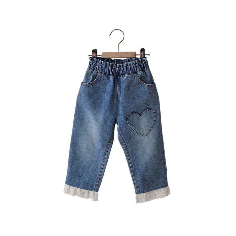 デニムパンツ ハート刺繍レース裾ワイドデニムパンツ【mh0010822】