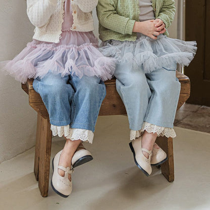 デニムパンツ ハート刺繍レース裾ワイドデニムパンツ【mh0010822】