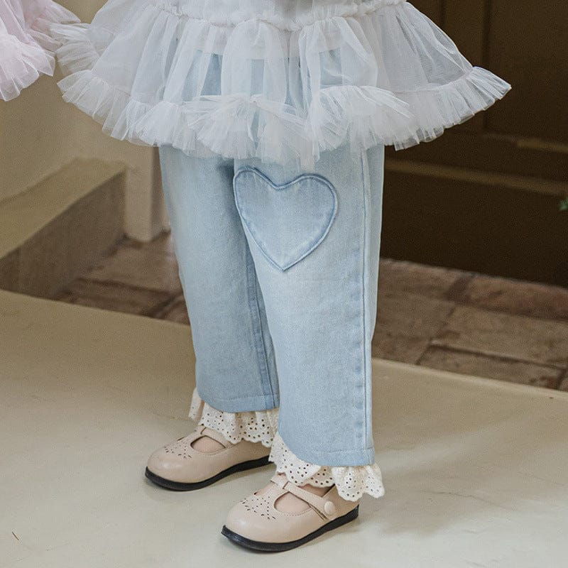 デニムパンツ ハート刺繍レース裾ワイドデニムパンツ【mh0010822】