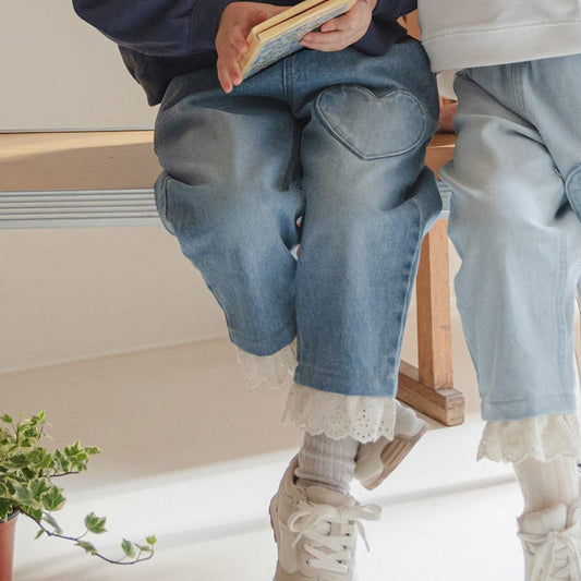 デニムパンツ ハート刺繍レース裾ワイドデニムパンツ【mh0010822】