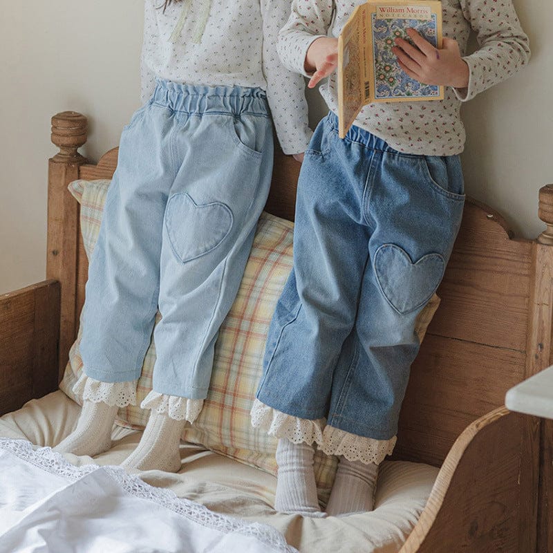デニムパンツ ハート刺繍レース裾ワイドデニムパンツ【mh0010822】