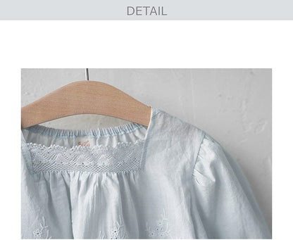 長袖シャツ・ブラウス スクエアネックレースブラウス長袖トップス刺繍カットワーク【mh0010823】