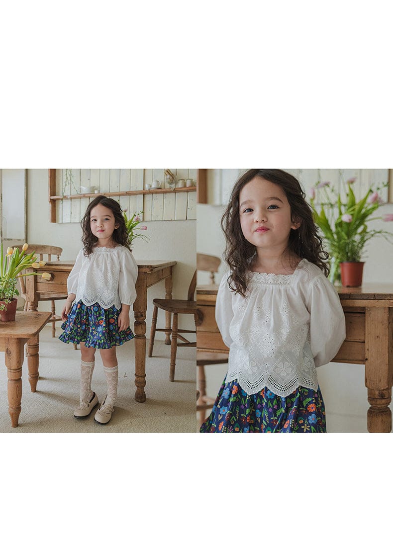 長袖シャツ・ブラウス スクエアネックレースブラウス長袖トップス刺繍カットワーク【mh0010823】