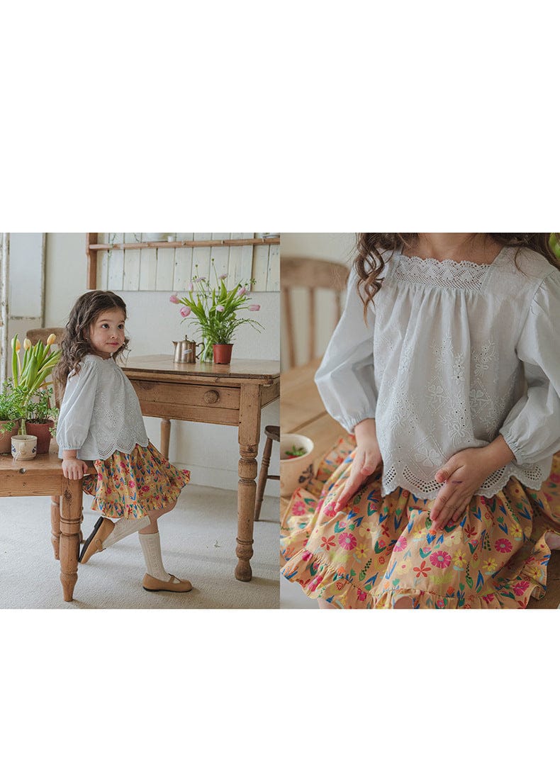 長袖シャツ・ブラウス スクエアネックレースブラウス長袖トップス刺繍カットワーク【mh0010823】