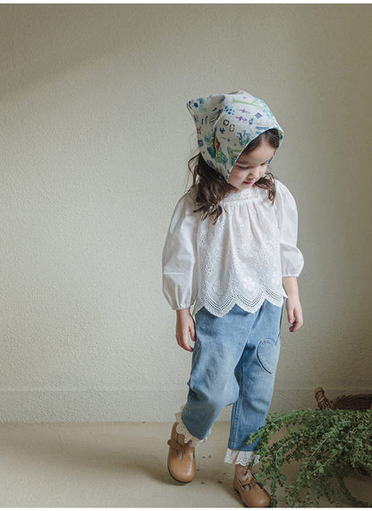 長袖シャツ・ブラウス スクエアネックレースブラウス長袖トップス刺繍カットワーク【mh0010823】