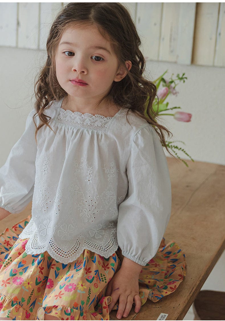 長袖シャツ・ブラウス スクエアネックレースブラウス長袖トップス刺繍カットワーク【mh0010823】