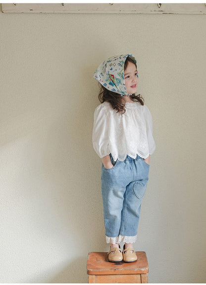 長袖シャツ・ブラウス スクエアネックレースブラウス長袖トップス刺繍カットワーク【mh0010823】