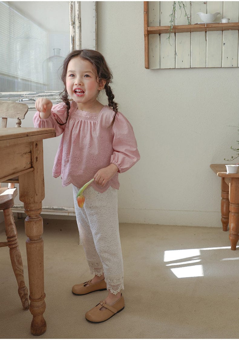 長袖シャツ・ブラウス スクエアネックレースブラウス長袖トップス刺繍カットワーク【mh0010823】