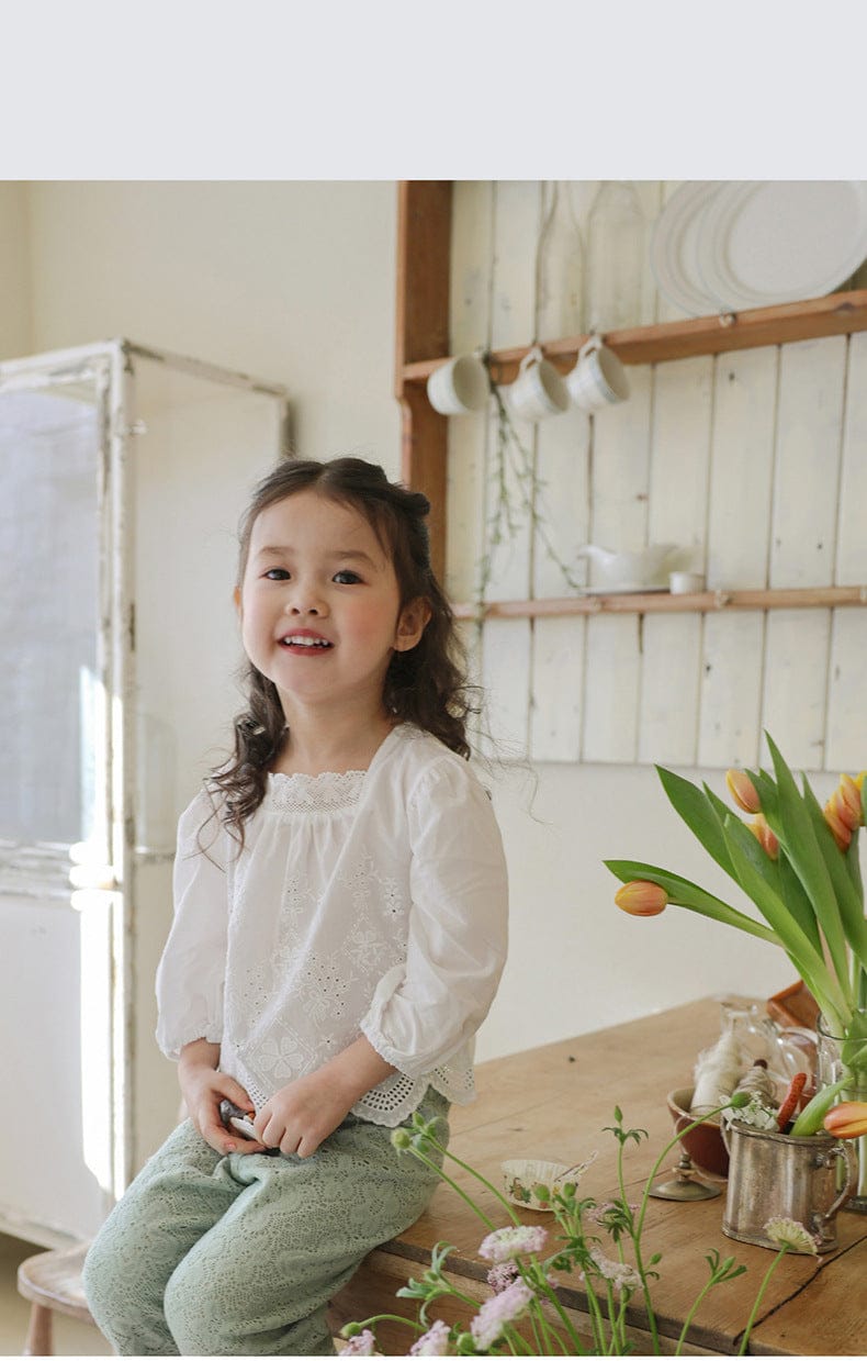 長袖シャツ・ブラウス スクエアネックレースブラウス長袖トップス刺繍カットワーク【mh0010823】