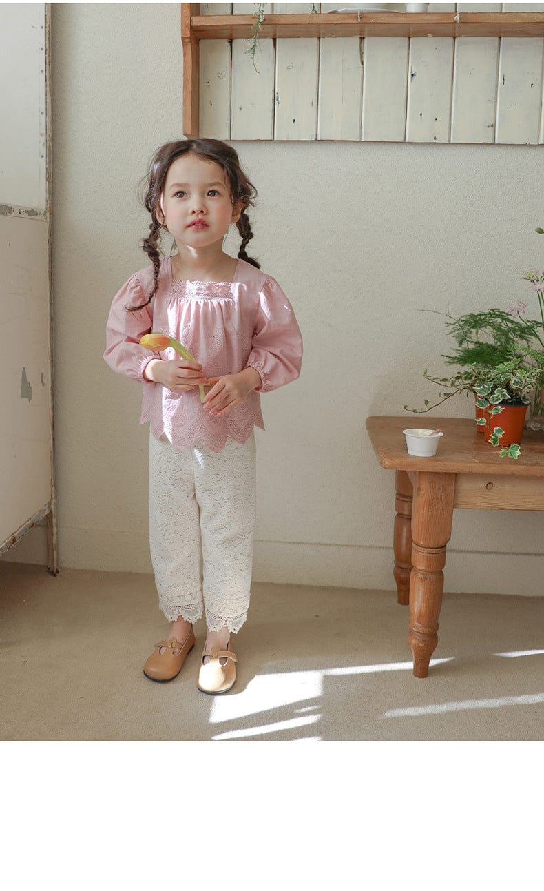 長袖シャツ・ブラウス スクエアネックレースブラウス長袖トップス刺繍カットワーク【mh0010823】