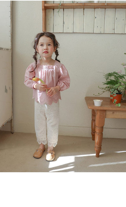 長袖シャツ・ブラウス スクエアネックレースブラウス長袖トップス刺繍カットワーク【mh0010823】