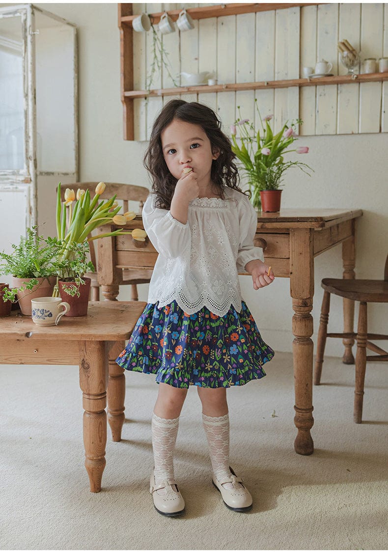 長袖シャツ・ブラウス スクエアネックレースブラウス長袖トップス刺繍カットワーク【mh0010823】