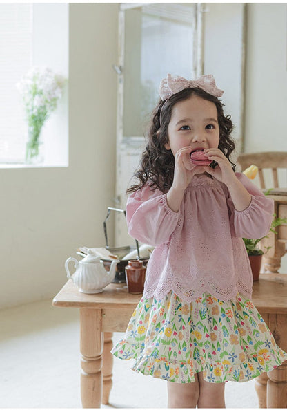 長袖シャツ・ブラウス スクエアネックレースブラウス長袖トップス刺繍カットワーク【mh0010823】