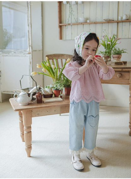 長袖シャツ・ブラウス スクエアネックレースブラウス長袖トップス刺繍カットワーク【mh0010823】