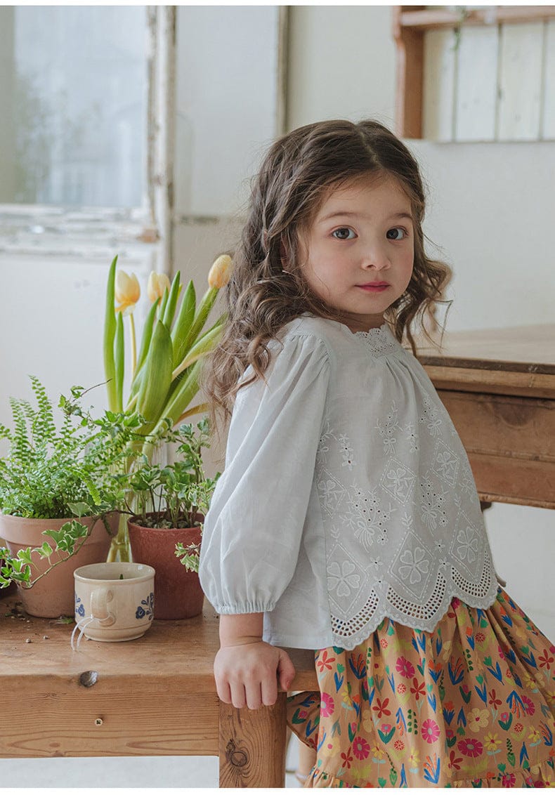 長袖シャツ・ブラウス スクエアネックレースブラウス長袖トップス刺繍カットワーク【mh0010823】