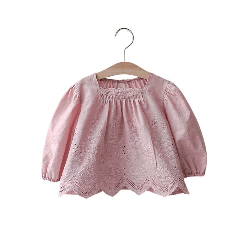 長袖シャツ・ブラウス スクエアネックレースブラウス長袖トップス刺繍カットワーク【mh0010823】