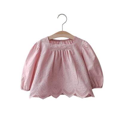 長袖シャツ・ブラウス スクエアネックレースブラウス長袖トップス刺繍カットワーク【mh0010823】