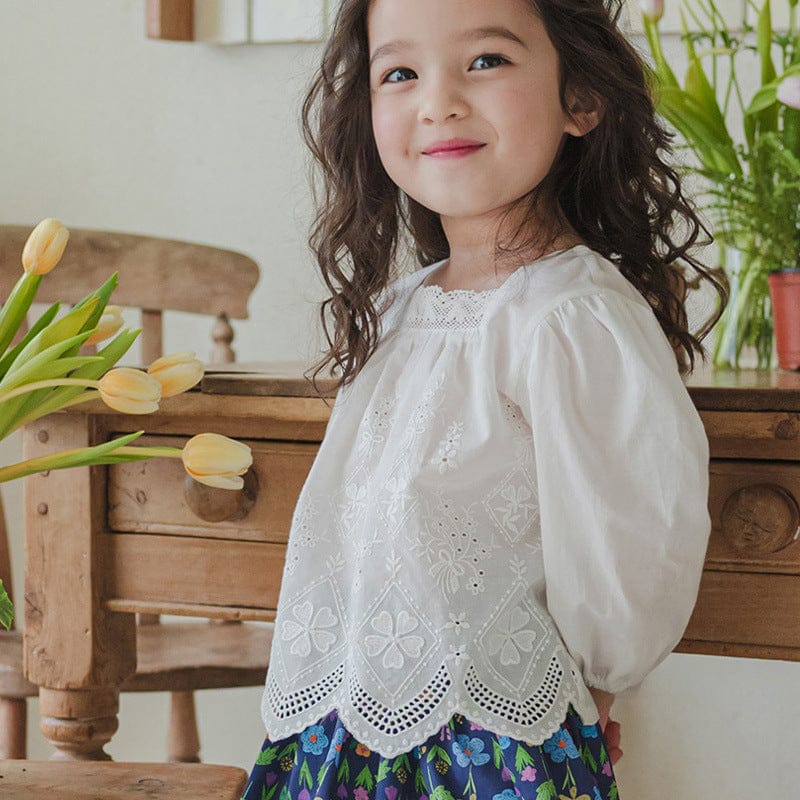 長袖シャツ・ブラウス スクエアネックレースブラウス長袖トップス刺繍カットワーク【mh0010823】