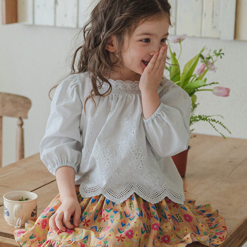 長袖シャツ・ブラウス スクエアネックレースブラウス長袖トップス刺繍カットワーク【mh0010823】