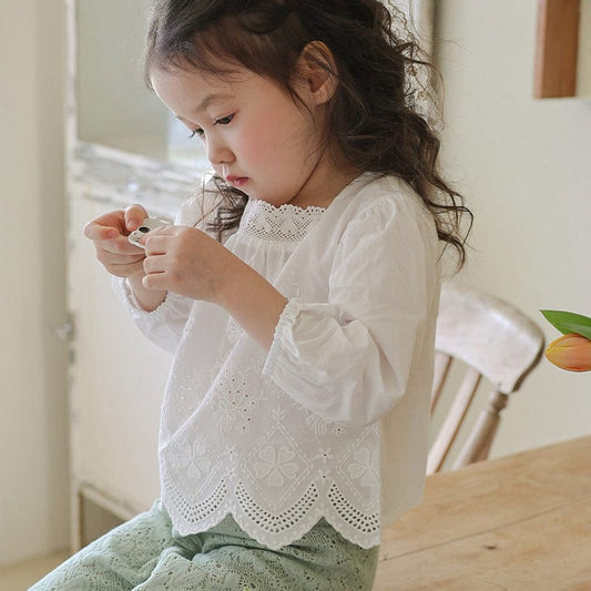 長袖シャツ・ブラウス スクエアネックレースブラウス長袖トップス刺繍カットワーク【mh0010823】