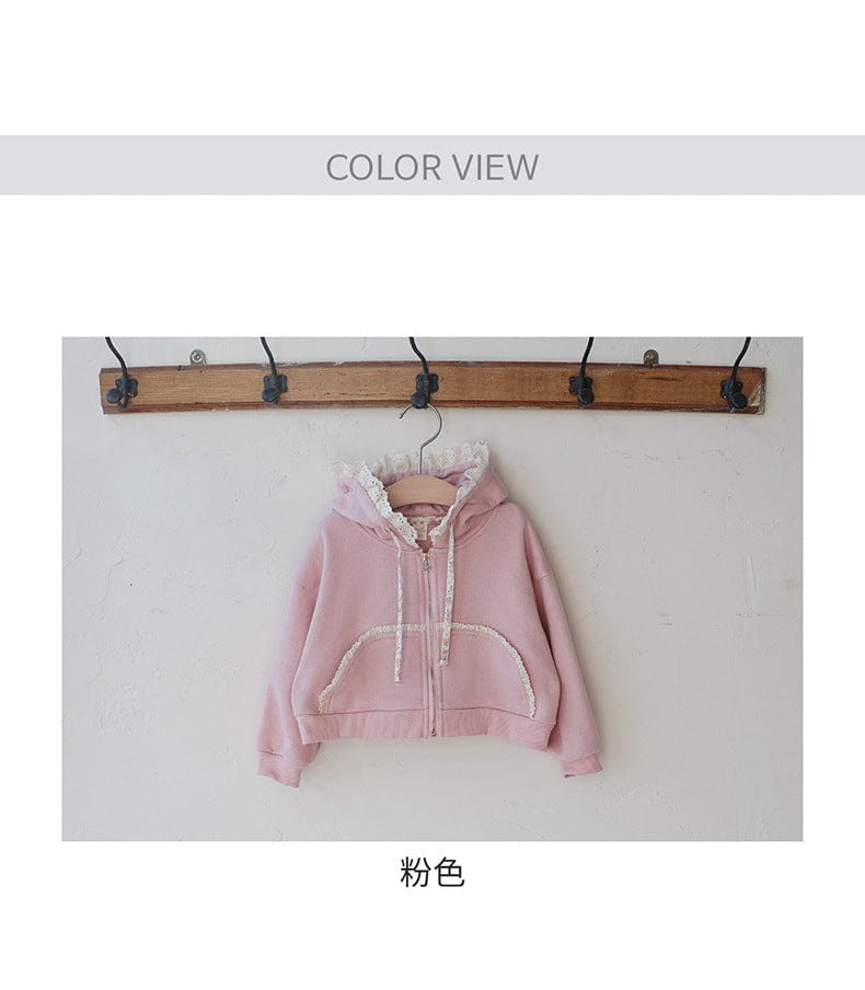 カーディガン・パーカー フリル襟付きジップアップパーカー 小花柄リボン付きポケット フード付きスウェット【mh0010825】