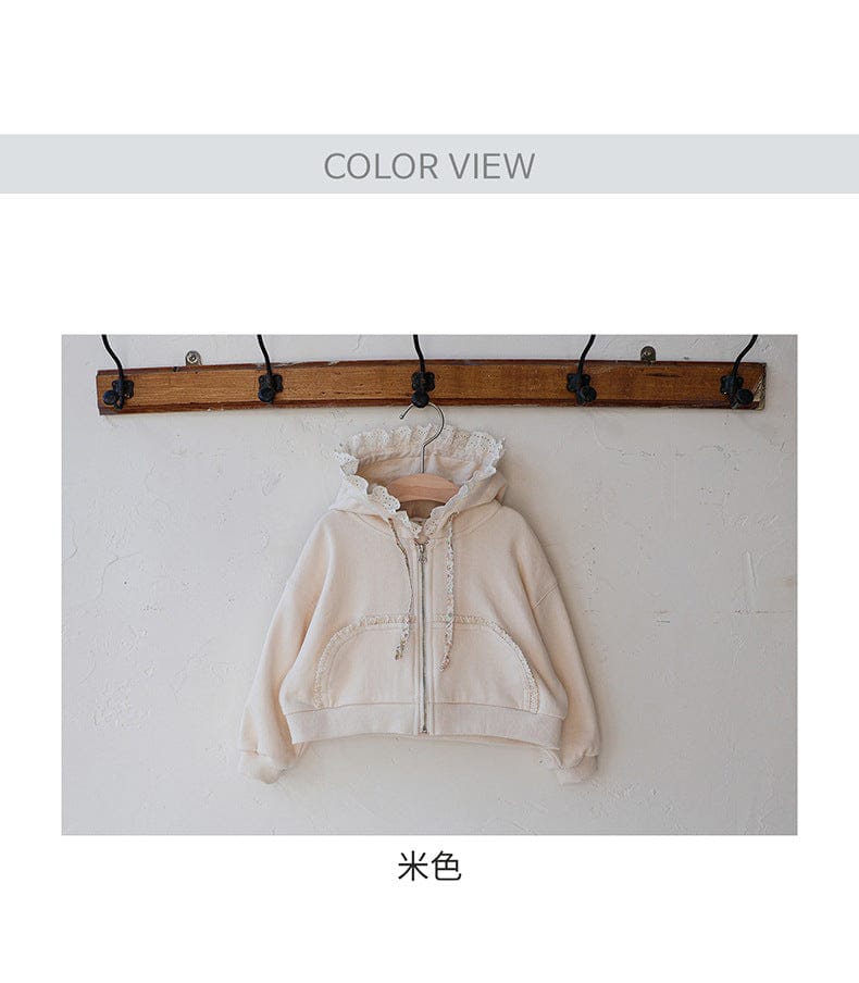 カーディガン・パーカー フリル襟付きジップアップパーカー 小花柄リボン付きポケット フード付きスウェット【mh0010825】