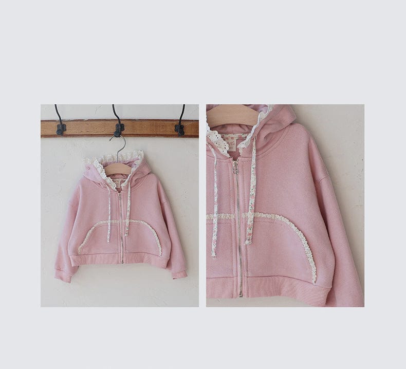 カーディガン・パーカー フリル襟付きジップアップパーカー 小花柄リボン付きポケット フード付きスウェット【mh0010825】