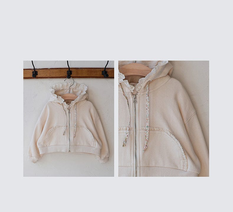 カーディガン・パーカー フリル襟付きジップアップパーカー 小花柄リボン付きポケット フード付きスウェット【mh0010825】