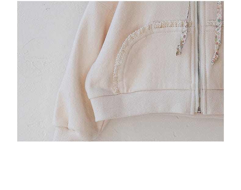 カーディガン・パーカー フリル襟付きジップアップパーカー 小花柄リボン付きポケット フード付きスウェット【mh0010825】