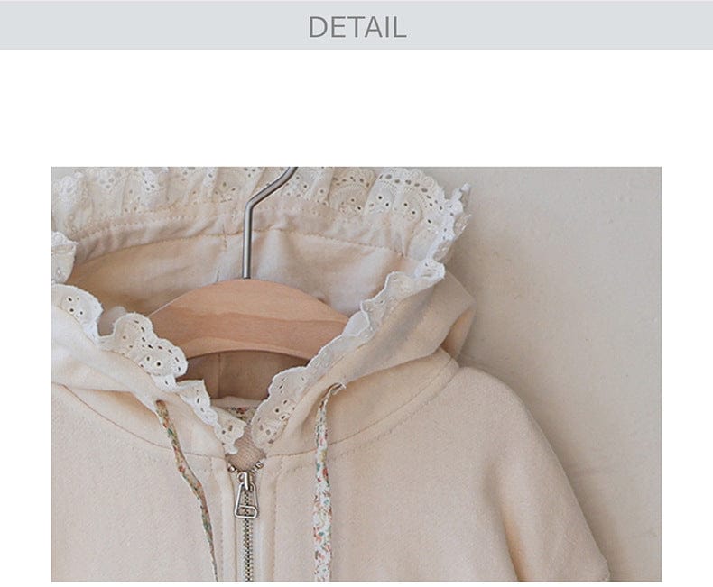 カーディガン・パーカー フリル襟付きジップアップパーカー 小花柄リボン付きポケット フード付きスウェット【mh0010825】