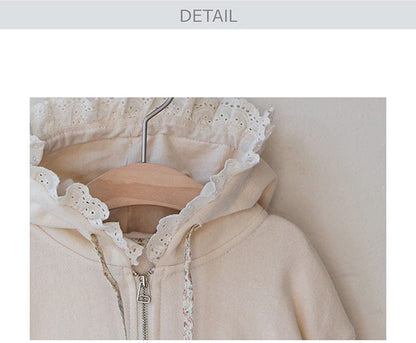 カーディガン・パーカー フリル襟付きジップアップパーカー 小花柄リボン付きポケット フード付きスウェット【mh0010825】