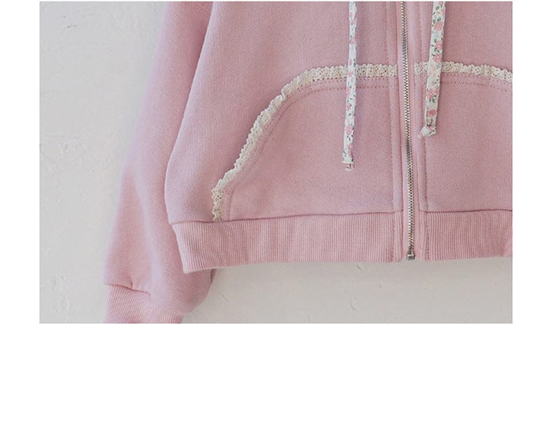 カーディガン・パーカー フリル襟付きジップアップパーカー 小花柄リボン付きポケット フード付きスウェット【mh0010825】