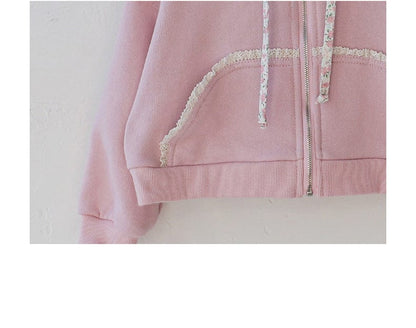 カーディガン・パーカー フリル襟付きジップアップパーカー 小花柄リボン付きポケット フード付きスウェット【mh0010825】