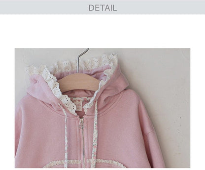 カーディガン・パーカー フリル襟付きジップアップパーカー 小花柄リボン付きポケット フード付きスウェット【mh0010825】