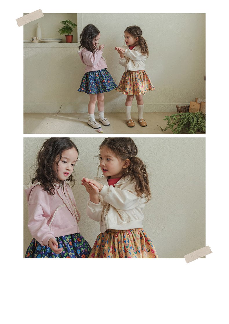 カーディガン・パーカー フリル襟付きジップアップパーカー 小花柄リボン付きポケット フード付きスウェット【mh0010825】