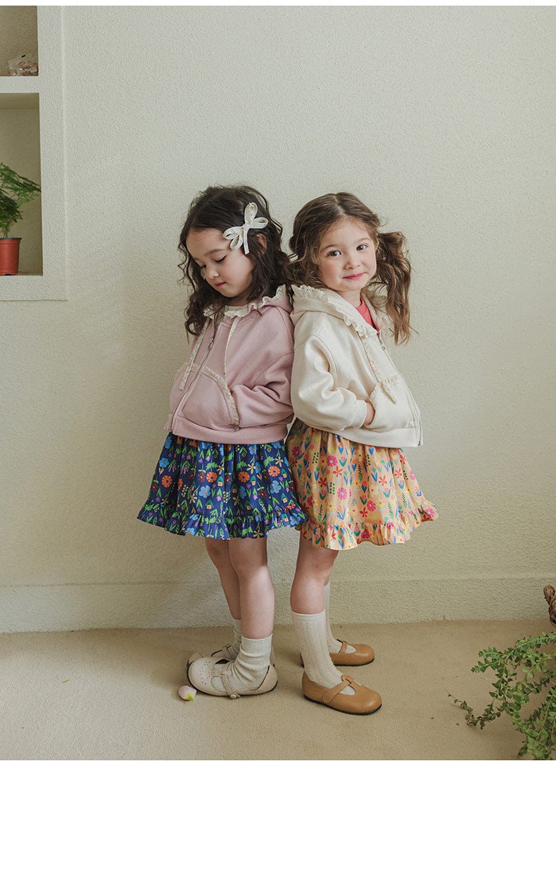 カーディガン・パーカー フリル襟付きジップアップパーカー 小花柄リボン付きポケット フード付きスウェット【mh0010825】