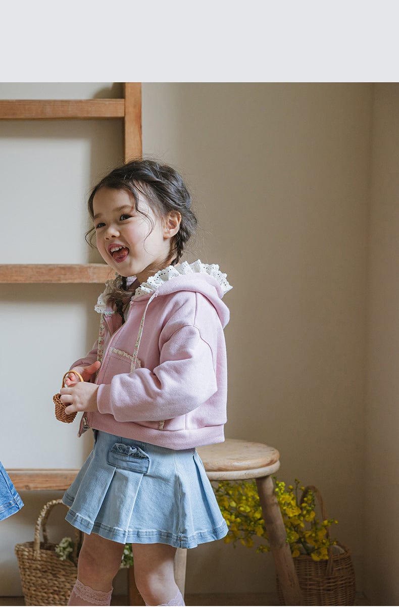 カーディガン・パーカー フリル襟付きジップアップパーカー 小花柄リボン付きポケット フード付きスウェット【mh0010825】