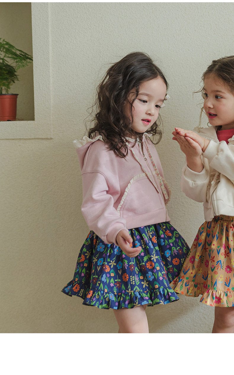 カーディガン・パーカー フリル襟付きジップアップパーカー 小花柄リボン付きポケット フード付きスウェット【mh0010825】