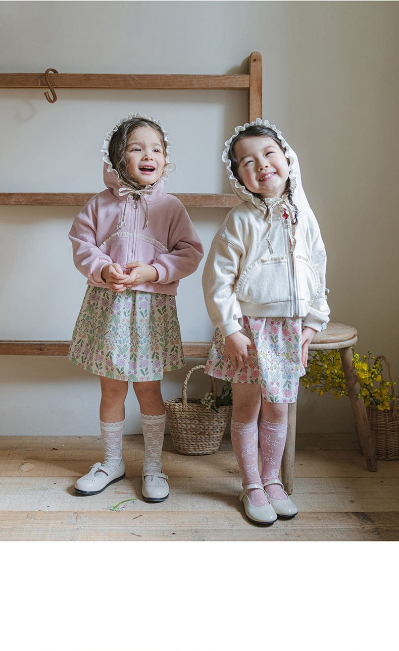 カーディガン・パーカー フリル襟付きジップアップパーカー 小花柄リボン付きポケット フード付きスウェット【mh0010825】