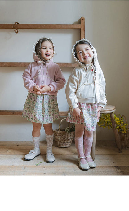 カーディガン・パーカー フリル襟付きジップアップパーカー 小花柄リボン付きポケット フード付きスウェット【mh0010825】