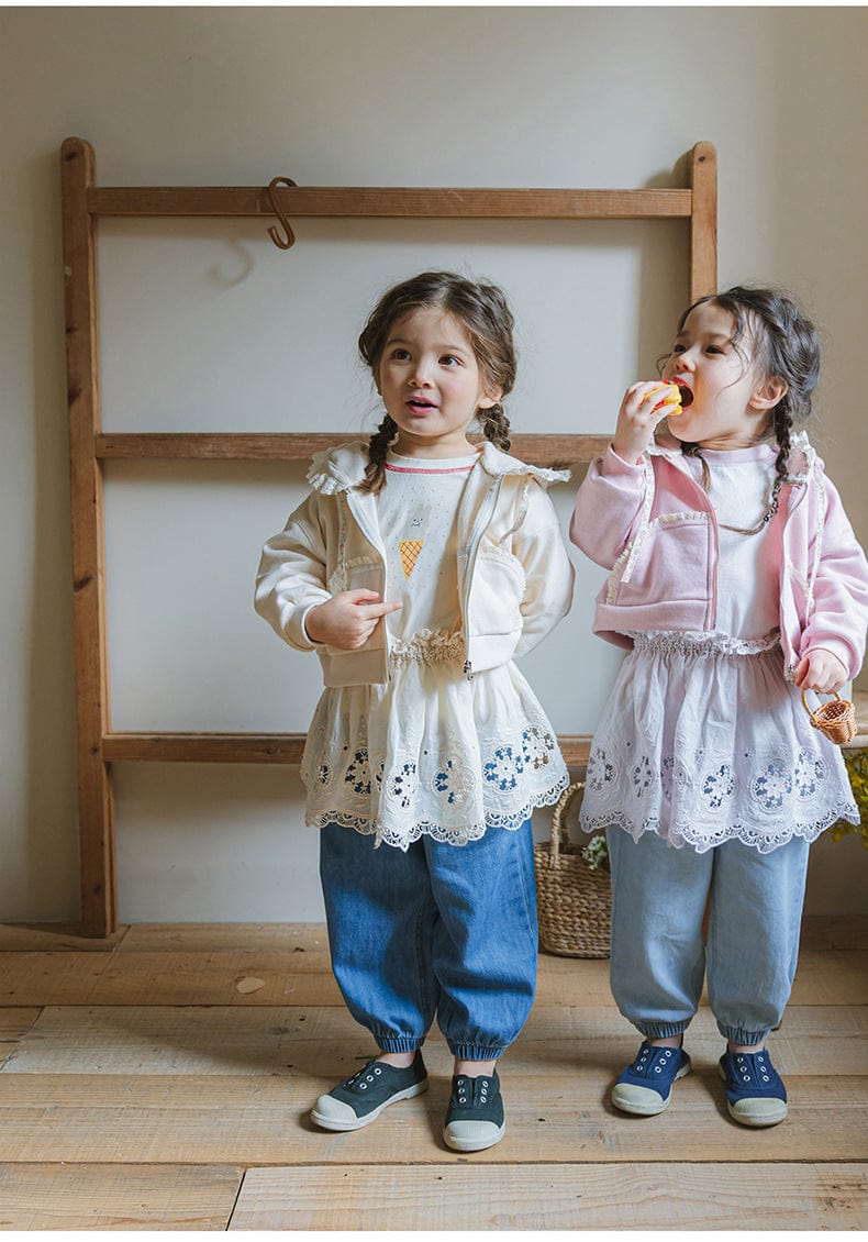 カーディガン・パーカー フリル襟付きジップアップパーカー 小花柄リボン付きポケット フード付きスウェット【mh0010825】