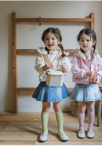 カーディガン・パーカー フリル襟付きジップアップパーカー 小花柄リボン付きポケット フード付きスウェット【mh0010825】