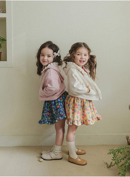 カーディガン・パーカー フリル襟付きジップアップパーカー 小花柄リボン付きポケット フード付きスウェット【mh0010825】