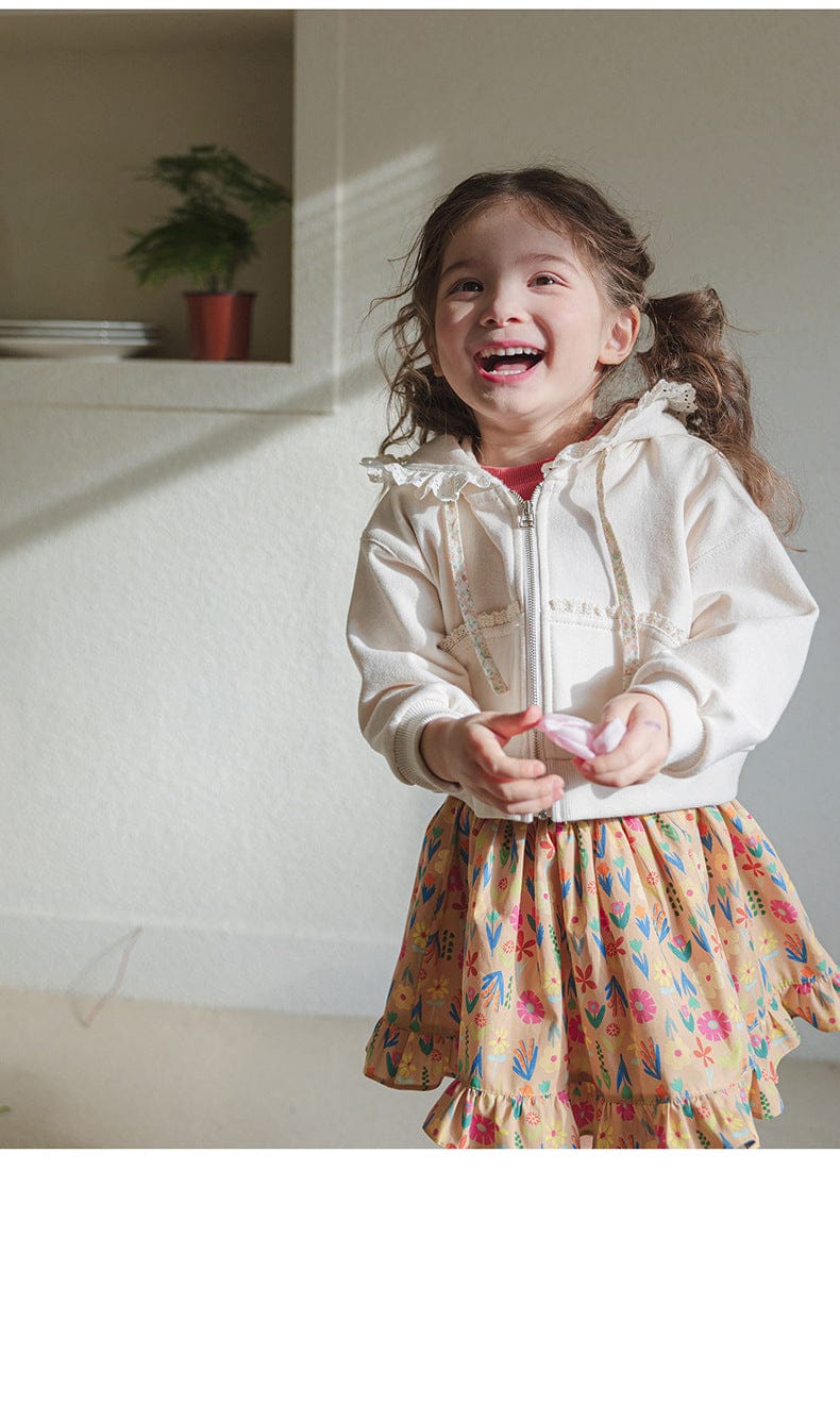 カーディガン・パーカー フリル襟付きジップアップパーカー 小花柄リボン付きポケット フード付きスウェット【mh0010825】